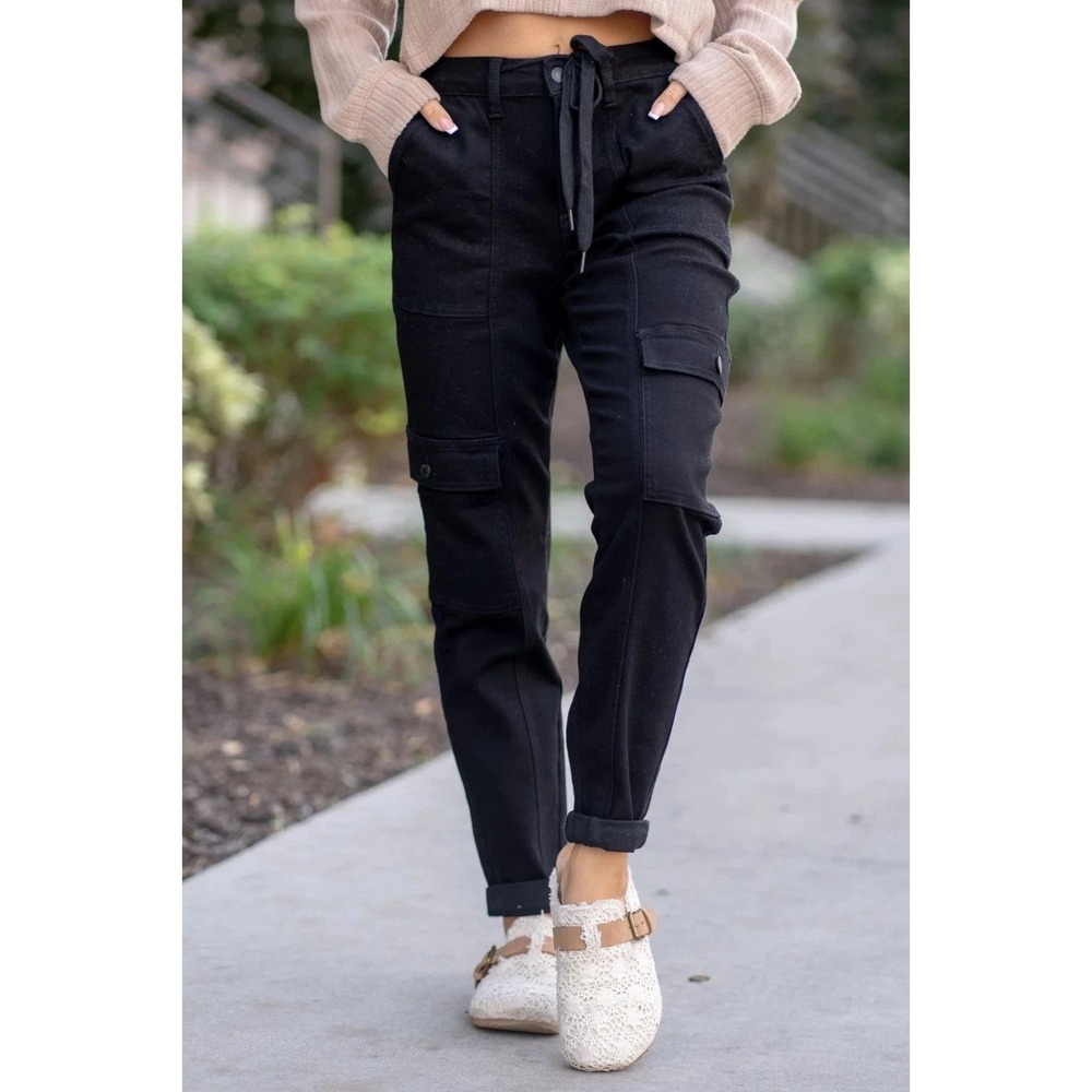 Judy Blue Womens Black Cargo Jogger Pants Drawstring Waist Size 15/32 JB88910 BK